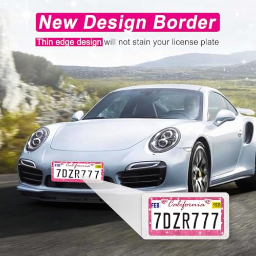 Image of Amiss Bling License Plate Frame for Women, 1Pack Rhinestone Handcrafted Crystal Premium Stainless Steel, Stainless Steel Car Decorative Accessories with Diamond Sparkle Glitter Caps (Hot Pink)
