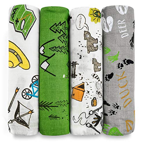 Image of Lavley 4 Pack - Camping and Mountain Theme Baby Swaddle Pack - Super Soft Breathable 70% Bamboo 30% Cotton Blend - 47 in x 47 in Oversized Infant Swaddling Blankets
