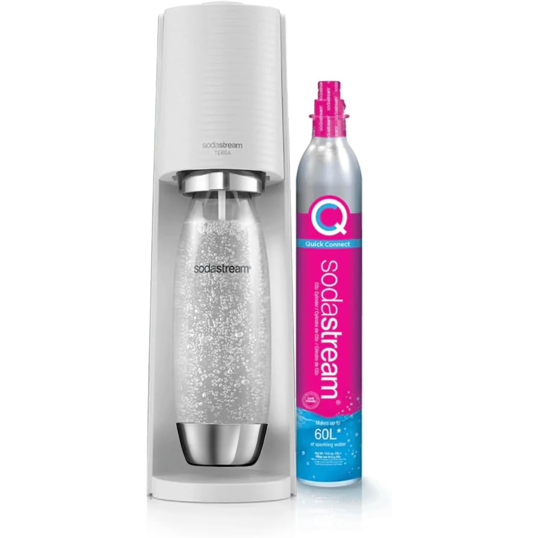Sodastream Terra Machine à Eau Pétillante et Soda | Pack 1 Bouteille 1L Finition Acier Inoxydable Compatible Lave-Vaisselle + 1 Recharge de Gaz 60L à Clipser | Blanche