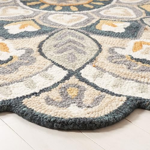 SAFAVIEH Novelty Collection Area Rug - 6' Round, Beige & Navy, Handmade Wool, Flower Design, Ideal for High Traffic Areas in Living Room, Bedroom, Dining (NOV604B-6R)