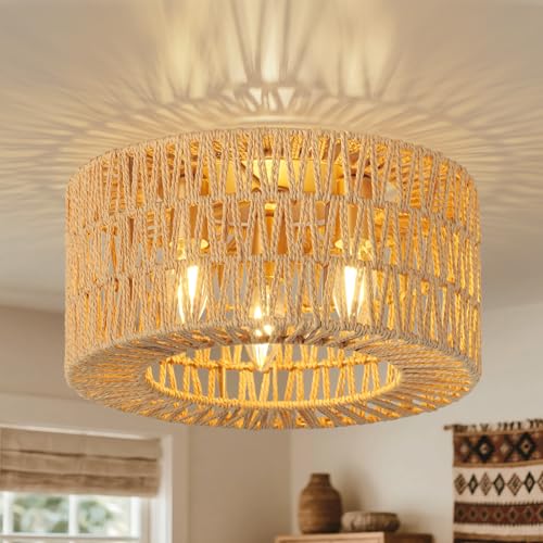 CALOKES Boho Deckenlampe Rattan – Handgemachte Deckenleuchte aus Papierseil Ø32cm – 3-flammig...