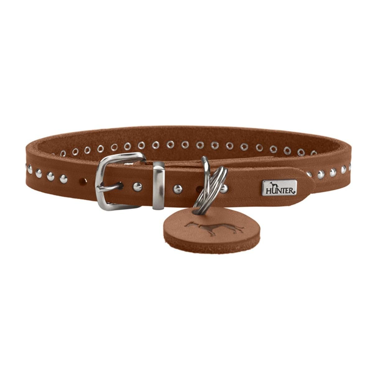 HUNTER Aalborg Style Dog Collar, Colour: Cognac, Greased Full Cowhide Leather, Robust, Comfortable, Stylish Studded Trim, Made in Germany, Size: 42