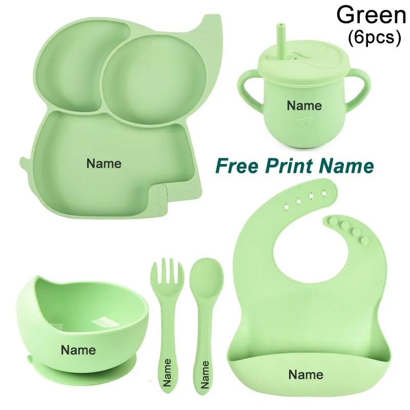 Personalized Baby Name Elephant Feeding Set 6Pcs, Custom Name Baby Silicone Weaning Set, Feeding Set With Name BPA Free