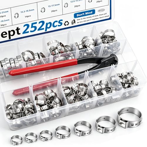 Image of 252Pcs 14-Sizes 304 Stainless Steel Single Ear Hose Clamps with Ear clamp plier 5.3-33.1mm Crimp Hose Clamps Assortment Kit for Auto /Home Appliance /Pipe /Fuel Line Stepless hose clamp with pincer