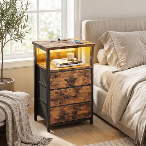 Image of Fixwal Night Stand with Charging Station, LED Nightstand with Fabric Drawers, End Table with PU Finish, Bed Side Table, Rustic Brown