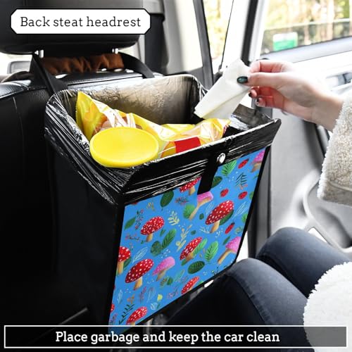 Image of Car Trash Can Organizer Bin with Adjustable Strap for Back Front Seat Console Waterproof Leakproof Collapsible Portable 11 Inch Bright Blue Mushrooms Leaves and Ladybugs