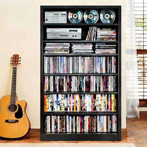 Image of Metal DVD Storage Cabinet, 7 Tier Tall Media Storage Shelf with Adjustable Shelves, Freestanding CD & DVD Rack Tower Bookshelf for Living Room, Home Entertainment,Black