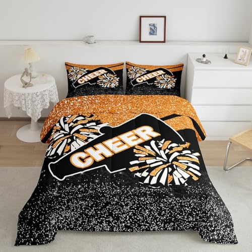 Image of Feelyou Orange Glitter Cheer Comforter Set Toddler Size Dreamy Girly Gymnastic Sports Comforter for Kids Boys Girls Gymnastics Lovers Bedding Set Cheer Sports Duvet Set Room Decor Quilt Set