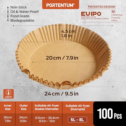 Image of PORTENTUM Air Fryer Liners 100PCS Disposable, Unbleached and Greaseproof. Suitable from 5 to 8 liters. Food-Grade use Baking Paper BPA Free, FDA, and LFGB Certified