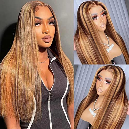 Highlight Colored 13x4 HD Transparent Lace Front Wigs Human Hair Brazilian Virgin Highlight Straight Lace Front Human Hair Wigs 150% Density Pre Plucked With Baby Hairs (16inches)