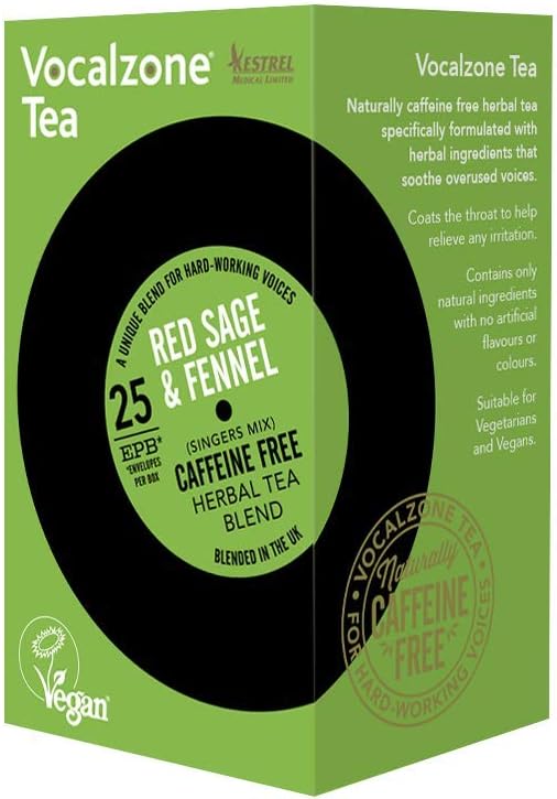 Vocalzone Tea - for throat & voice care - Red Sage & Fennel. Caffeine free herbal tea blend. 25 tea bags. Contains Licorice Root, Slippery Elm, Marshmallow Root & Cassia, used in traditional remedies