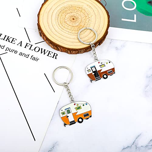 Image of Thinp 2 Pieces Camper Keychain, RV Camper Keyring Accessories for Travel Trailers Enameled Metal Retro Camping Car Keychain