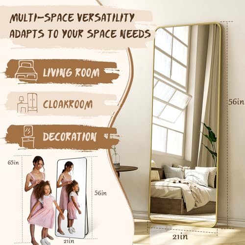 56"x21" Floor Full Length Mirror Standing Full Body Rounded Corner Rectangle Mirrors with Stand Hanging Wall Mounted Leaning Bedroom Living Room Bedroom Cloakroom,Gold - Image 5