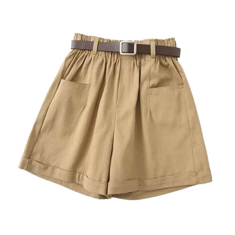 Tangada YU002 - Pantalones cortos de verano para mujer con cinturón y cintura elástica, caqui, S