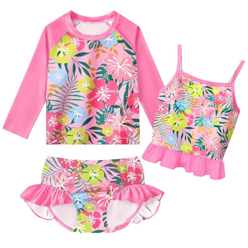 Image of Girls Kids Rash Guard Sets 3 Pieces Tankini Bathing Suit Swimwear Long Sleeves Swimsuit for 3-8 Years