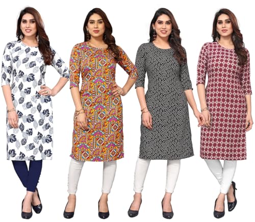 Image of JAKHANA Women's Crepe Printed Casual Straight Calf Length Round Nick Kurta Pack of 4