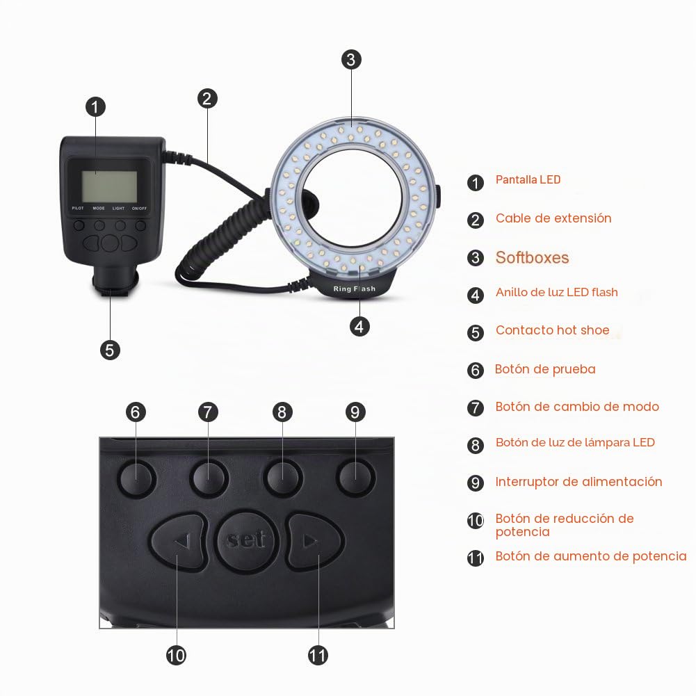 Anillo de luz de flash LED portátil con 4 filtros y 8 adaptadores de anillo para cámaras réflex Canon/Nikon/Penant/Olympus/Panasonic