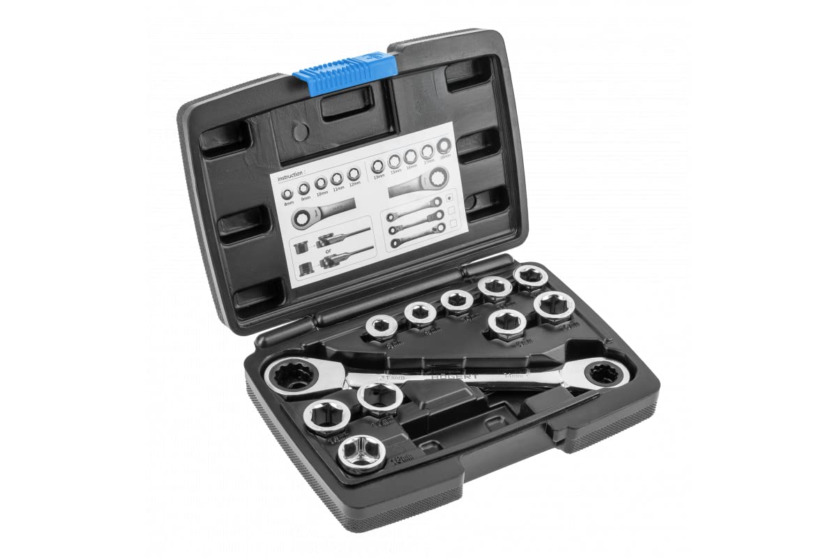 Högert Technik - Ratchet Ring Spanner with Socket Spanner - 14 x 19 mm - Chrome Vanadium Alloy Steel - HT1R490