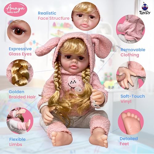 Image of Amaya Realistic Baby Doll for Girls (52 cm Big Size) Soft Vinyl Lifelike Doll with Beautiful Braided Hair, Removable Clothes & Expressive Eyes for Kids 3+ | Big Doll for Girls |