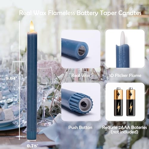 Image of Flameless Taper Candles with Remote, Real Wax Battery Operated LED Candles Set with 3D Flickering Flame, 9.6 inch Realistic Dripless Candlesticks for Wedding Home Decor, 3 Pack Blue