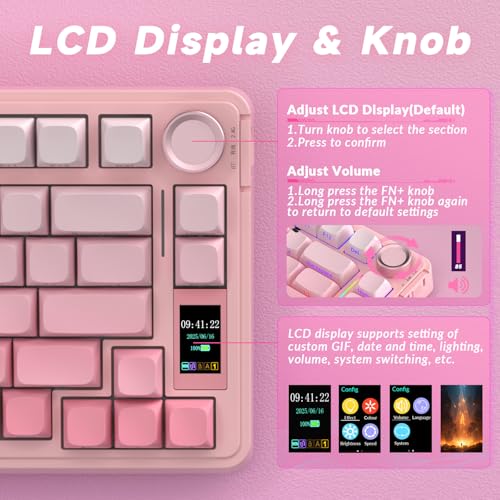 Image of AULA S75 PRO Wireless Mechanical Keyboard with Screen&Knob, Tri-Mode Hot Swappable Gaming Keyboard 75%, Pre-lubed Switches, RGB Backlit, Side Printed PBT Keycaps, Creamy Sounding Pink Keyboards