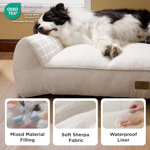 BEDSURE waschbares Hundebett Grosse Hunde - 106x76cm extra Dicke unterstützende Hundesofa mit wasserdichter Hülle, rutschfest Hundekorb große mit weichem plüsch Sherpa,Creme