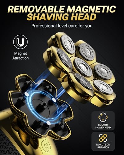Image of Head Shaver for Bald Men, 7D Floating Electric Razor, Close Smooth Shave for Head, Flexible Heads, Replaceable Blade, IPX7 Waterproof Wet Dry Use, LED Display, USB Charging Gold