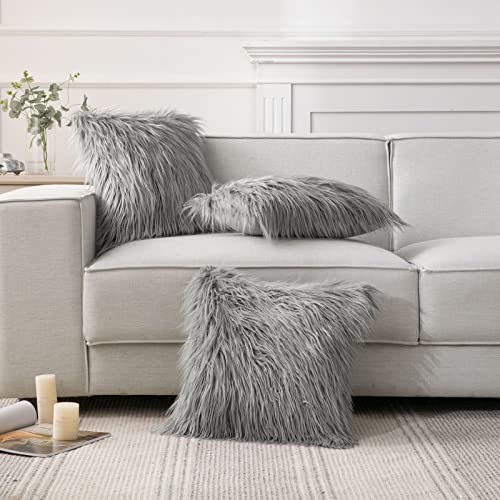 Image of Phantoscope Pack of 2 Faux Fur Solid Throw Decorative Pillow Cover Cushion Covers Luxury Soft Decorative Pillowcase Fuzzy Pillow Covers for Bed /Couch,Gray 24 x 24 Inches