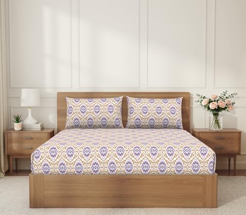 Image of Welspun ENZO Queen Size Fitted Bedsheet with 2 Pillow Covers | 360 Elastic | 100% Pure Cotton | 60 x 78 Inches | Soft, Breathable, Lightweight & Easy Care | Coral Gold