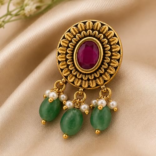 Image of Sayda JewelsGold Plated Antique Traditional Jhumka Earring Indian ethnic Temple design studs Chandbali Style Bridal, Wedding & Festive Jewellery For Women & Girls