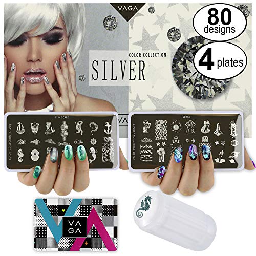 VAGA Nail Stamping Kits Includes 4 Silver Color Collection Nail Stamping Plate and Nail Stamper Scraper Nail Kit. Enjoy VAGA Nail Stamping Plates Nails Art Accessories Designs and Tools Plate Set