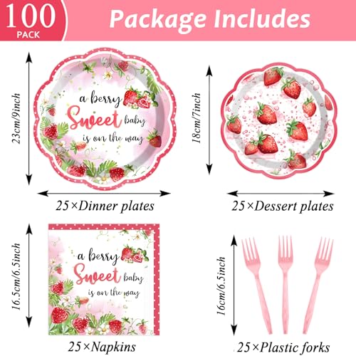 Image of Qyeahkj 100 Pcs Strawberry Baby Shower Party Plates Napkins Forks Supplies Set Sweet Berry Tableware Party Supplies A Berry Sweet Baby Is On The Way Strawberry Dinnerware Decorations Favors Serve 25