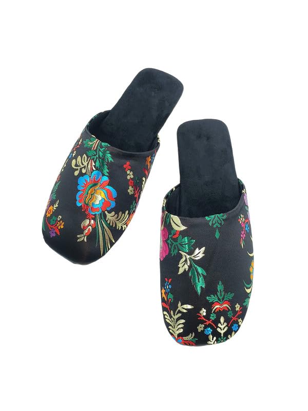Women's Embroidered Satin Closed-Toe House Slippers - Comfortable Indoor Slides2