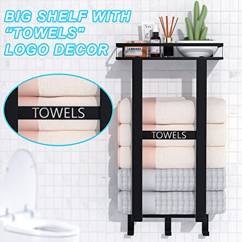 Kecio Towel Rack For Bathroom Wall Mounted, Towel Rack With Metal Shelf And 3 Hooks, Metal Towel Holders, Rolled Bath Towel And Hand Towels Holder Storage And Organization For Rv, Camper, Black #TOP4