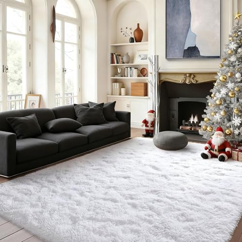 Grand tapis moderne à poils longs de haute qualité blanc moelleux - 2