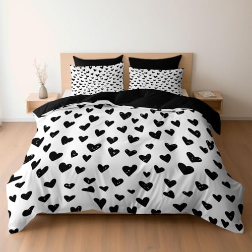 Funda Nordica de 3 Piezas para Cama 90 Corazon de Amor Negro Funda Edredon 150x220 cm Moderno Ropa de Cama de Microfibra Transpirable con Cremallera y 2 Fundas de Almohada 50x75 cm C-3853
