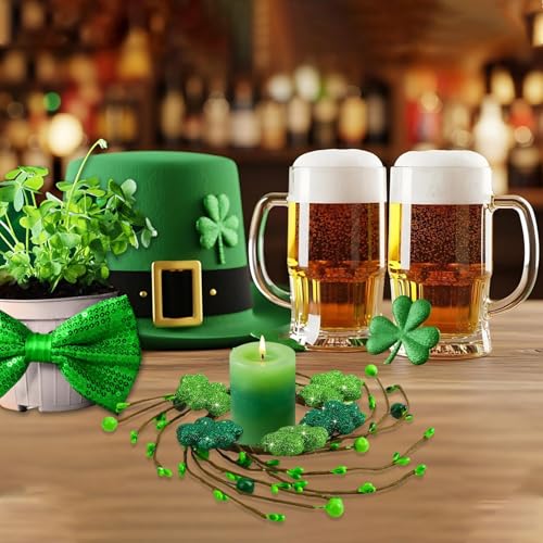 Jansun 4 PCS St. Patrick's Day Candle Rings, Shamrock Candle Holders Glittering Shamrock Wreaths for Festive D&eacute;cor Adorable Additions to Your Holiday Centerpieces