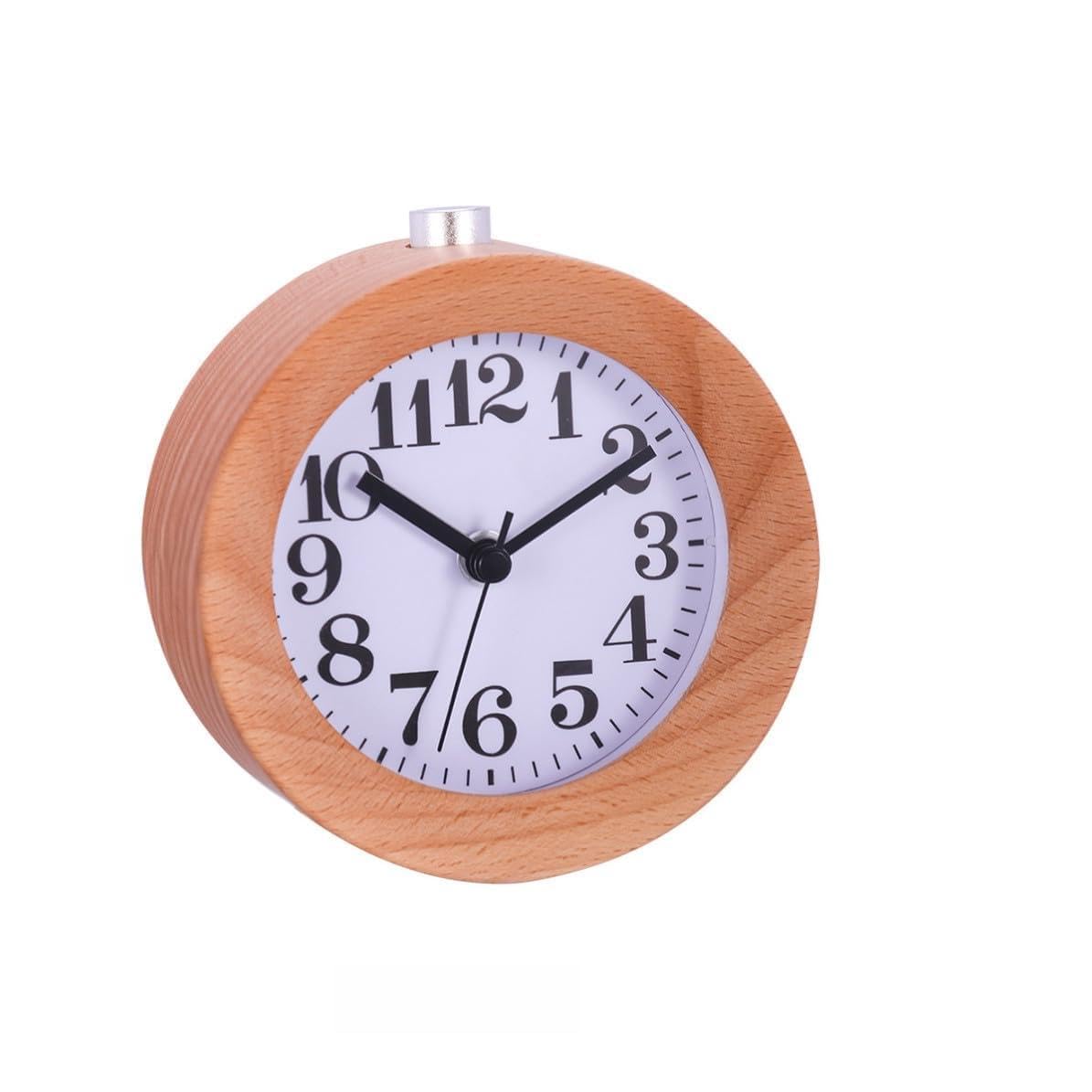 BETOOKY Reloj Despertador de Escritorio de Madera Redondo Clásico
