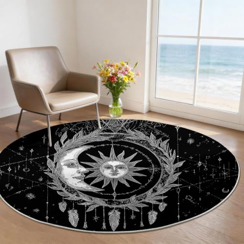 Tapis noir gothique lune soleil feuillage lavable en machine 80 cm - 3