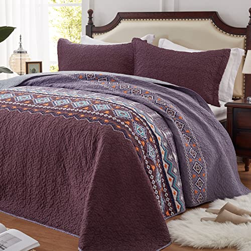 LEAONME Quilt Set Full/Queen Size 3 Piece Bedspread Coverlet Lightweight Comforter Microfiber Reversible Bedding Set All Season Oversized 90x98 Inch Bed Cover Bohemian Purple(1 Quilt,2 Pillow Shams)