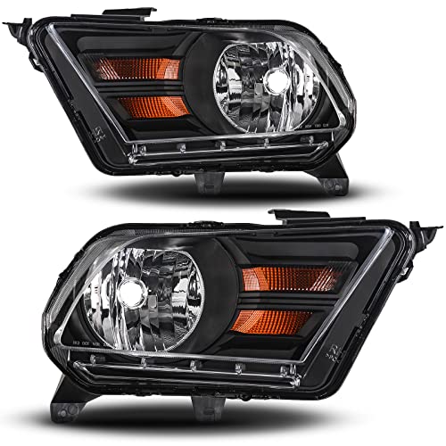 Headlights Assembly Set Compatible with 2010 2011 2012 2013 2014 Ford Mustang, Black Housing Amber Reflector Clear Lens Lamp