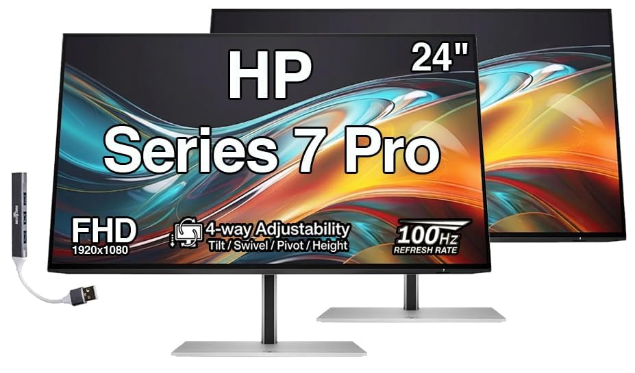 Image of HP Series 7 Pro 24 inch FHD IPS Monitor, 4-Way Adjustable, VESA, DP, HDMI | Anti-Glare, Flicker Free, 100mm VESA, DisplayPort, HDMI, 2 Pack w /Dockztorm USB Port Expander