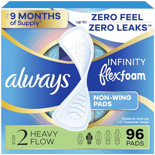 Always Infinity Feminine Pads for Women Flexfoam Pads Without Wings Size 2 Heavy Absorbency Unscented 96 Count (3 Packs of 32)