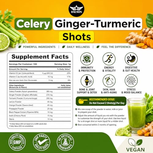 Image of Celery Shots Boosted with Ginger, Turmeric, Piperine & Prebiotics Shots | Wellness Herbal Supplement for Detox, Immunity Boost & Digestive Support | 100 Servings