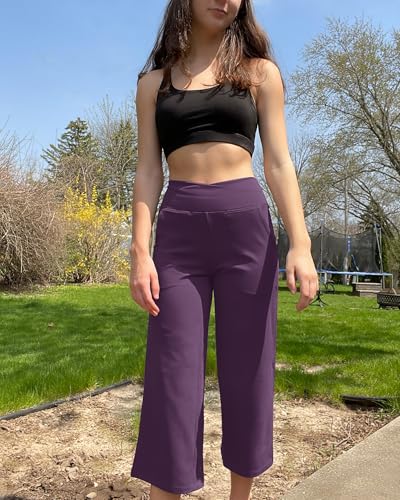 Image of G4Free Capri Pants for Women Wide Leg Yoga Dress Capris with Pockets Cross Loose Casual Work Crop Pants