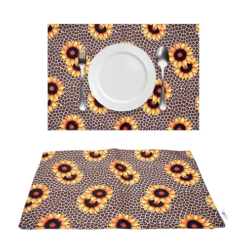 Image of Dining Table Mats Set of 2 - Sunflower Animal Print Theme,Digital Print, Washable, Indoor /Outdoor, Heat-Proof, Wipe & Clean (47X33 cm) Yellow & Brown