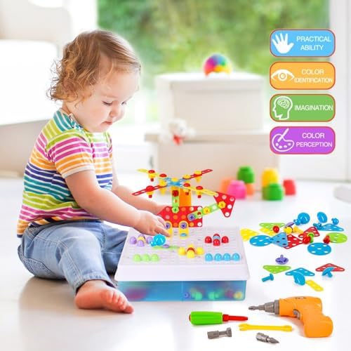 Haifeng 223 Pieces Drill Activity Center STEM Learning Kit with Toy Electric Drill, Mosaic Puzzle Construction Engineering Building Blocks Set, Best Kids Educational Toys for Boys & Girls Age 3 4 5 6 7 8 Year Olds 2 51BIfGaL2DL. AC