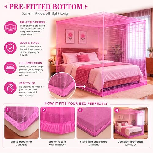 Image of Mosquito Net for King Size Bed & Double Bed (6x7 ft, Wall /Hook Hanging) Poly-Cotton Blend Fabric with Zigzag Wave Line Pattern, Pre-Fitted Bottom & Cotton Ribbon (Frame Not Included-Bright Pink)