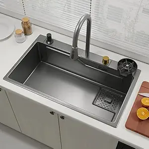 EIVA Matt Finish Mutifunctional Modular Kitchen Sink with Integrated Waterfall and Pull-down Faucet | Stainless Steel Black Sink with Cup Washer, Drain Baskets, Soap Dispenser and Wooden Chopper Board Set (30 x 18 x 9 Inch)