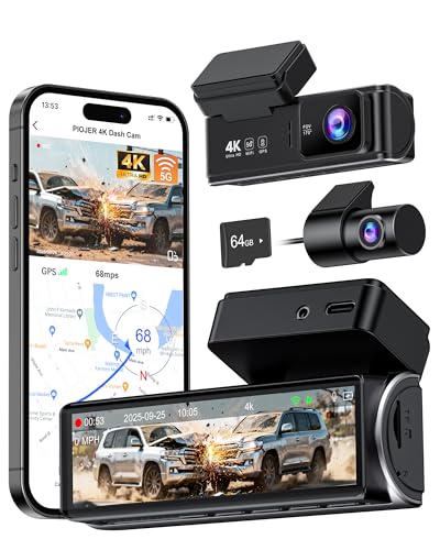 4K Dash Cam Front Rear, Dual Dash Camera for Cars Built in 5GHz/2.4GHz WiFi GPS Dashcam with G-Sensor 24H Parking Monitor Loop Recording WDR Night Vision 170° View Angle APP Control Free 64GB SD Card